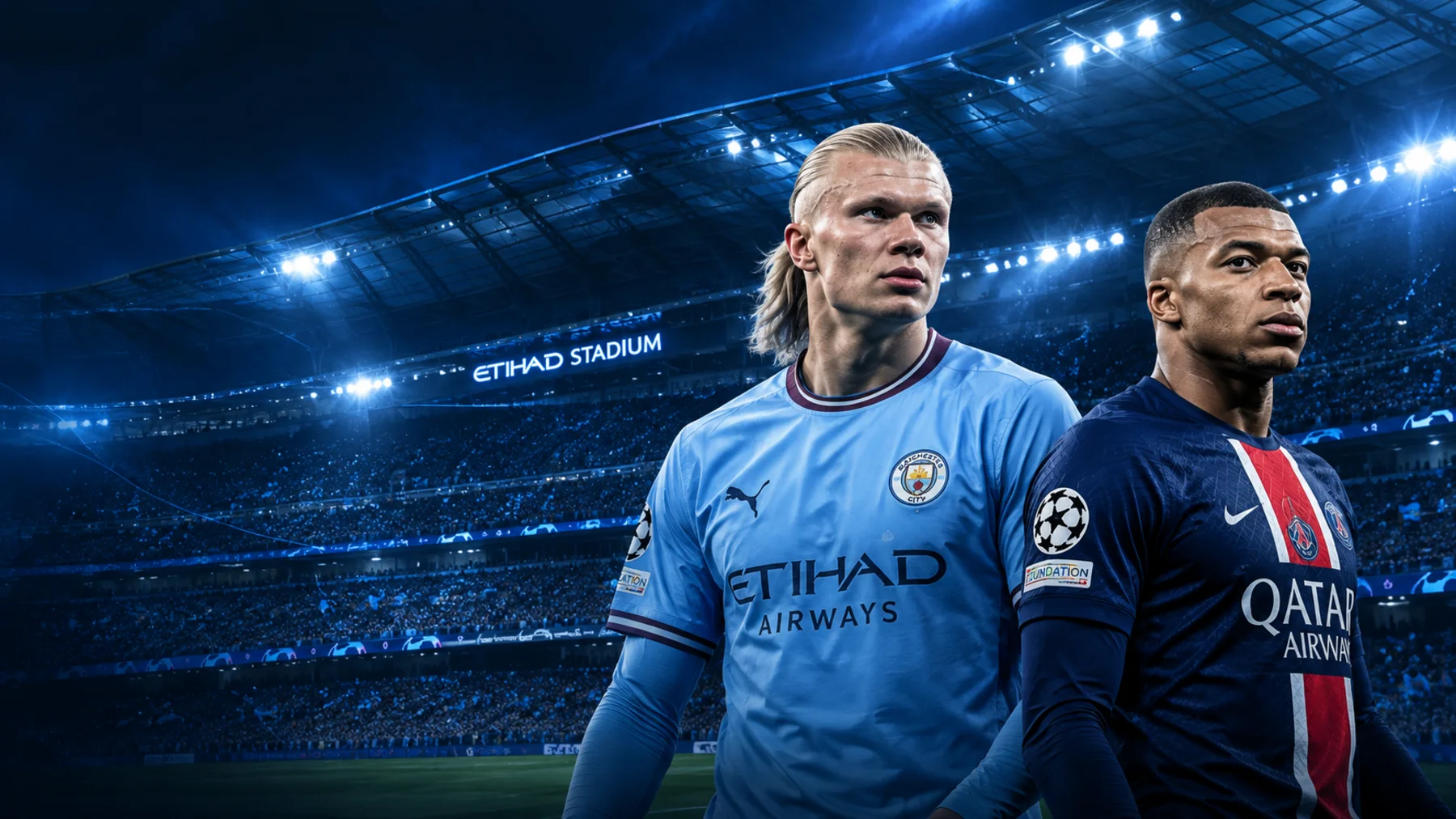 Etihad Stadium with Erling Haaland and Kylian Mbappe